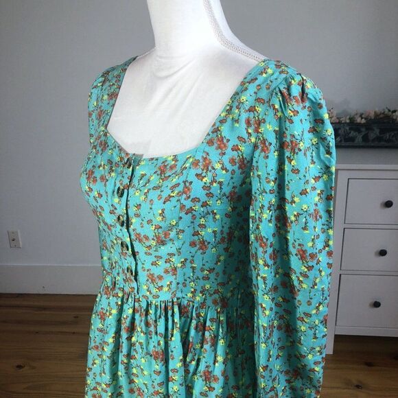 Chelsea & Violet Small Long Sleeve Aqua Cottage Core Dress Prairie Floral Mini - Picture 6 of 12